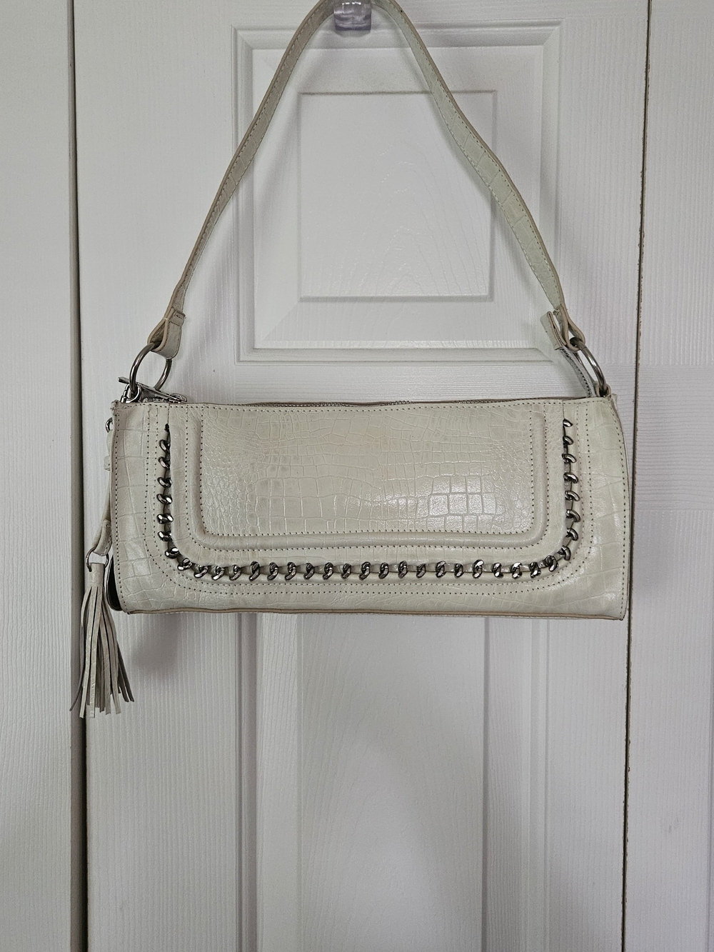 Valentino By Fortuna Cream Croc Shoulder Bag with Chain Trim